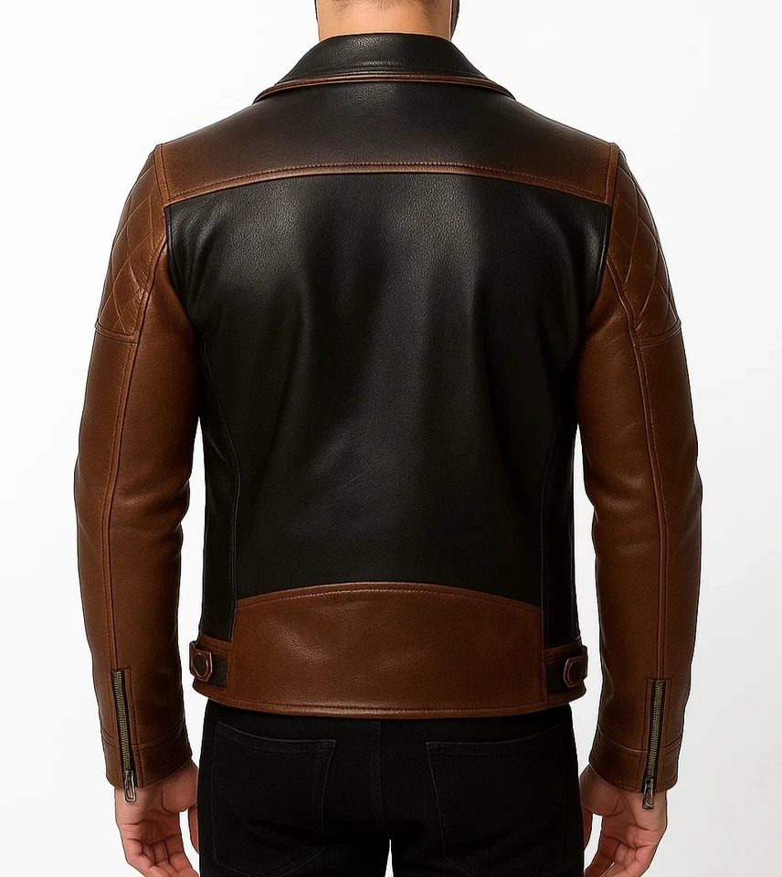 Men’s Genuine Leather Cafe Racer Jacket – Brown & Black Motorcycle Biker Style - Image 2 of 4