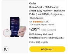 Owlet Dream Sock Baby Monitor Oxygen Heart Rate Sleep Tracking