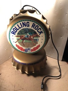 vintage rolling rock beer lighted sign double sided , man of War, bottle cap
