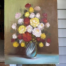 Vintage Still Life Flowers bouquet modern oil painting Original Signed 24x20”
