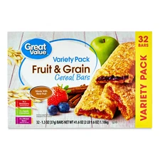 Great Value Fruit & Grain Cereal Bars, Variety Pack, 1.3 oz, 32 Count
