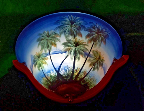 Reverse Hand Painted Palm Trees and Blue Hue Mountains Glass Wall Sconce 15"