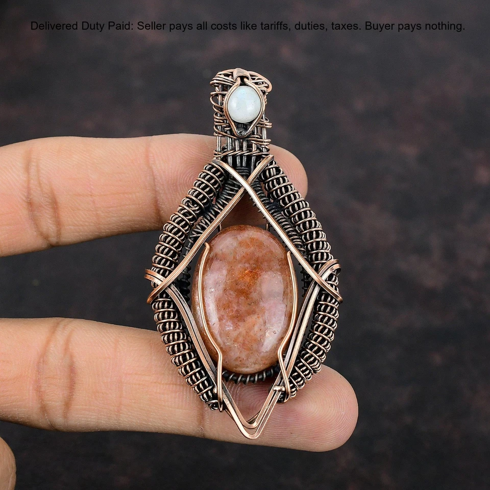 Oferta Black Friday Cobre Piedra Solar Arco Iris Piedra Lunar Alambre Envuelto Colgante Foto 4 de 4