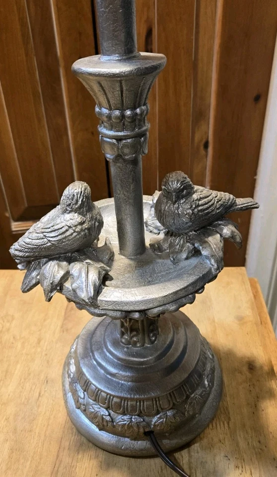 Table Lamp Cast Iron? Painted Silver Two Birds In Bird Bath. 25"T By 10"W - Image 3 of 4