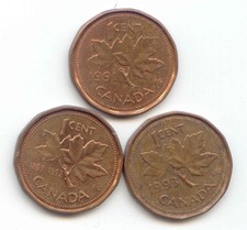 Canada 1991 1992 1993 Canadian Pennies 1c 1 c One Cent Penny Exact Set - 3 Coins