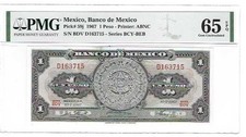 MEXICO - BANCO DE MEXICO  1 PESO  SERIES BDV / D  P-59J  1967  PMG 65EPQ
