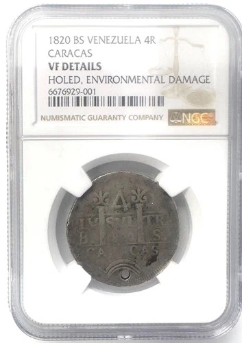 1820 BS Venezuela Caracas 4 Reales, NGC VF Details - Holed, Spanish Rare TOSTON