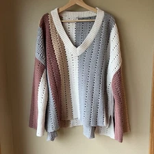 POL Sweater Girl Next Door Multi Striped Open Knit V Neck Chenille Oversized L