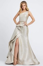 MAC DUGGAL Women's One Shoulder Metallic Ruffled Evening Gown Oyster 0
