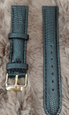 16mm Black Genuine Leather Teju Lizard Emboss Watch Band Strap With Gold Buckle