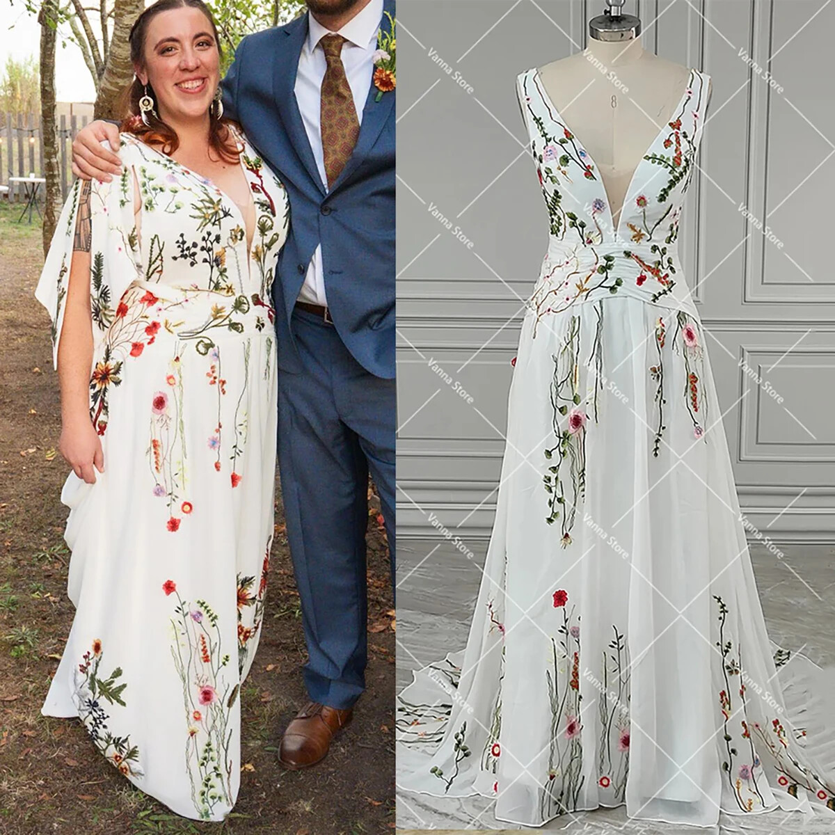 A Line Embroidered Wildflower Colorful Wedding Dress Plunging V Neck Bridal  Gown