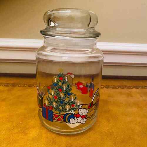 Vintage Holiday Christmas Glass Lidded Candy Jar Teddy Bear Wagon Rocking Horse - Picture 1 of 5