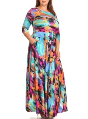 Plus Size Multicolor Boho Fit Flare Belted Maxi Dress Aqua Blue Fuchsia  Pink