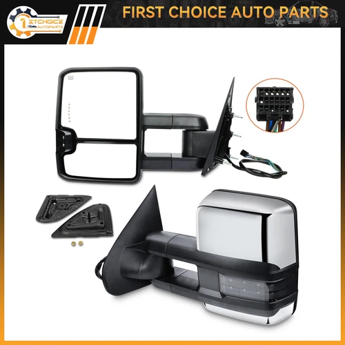 Pair Mirrors For 14-18 Silverado GMC Sierra Power Heated Chrome Clearance Light