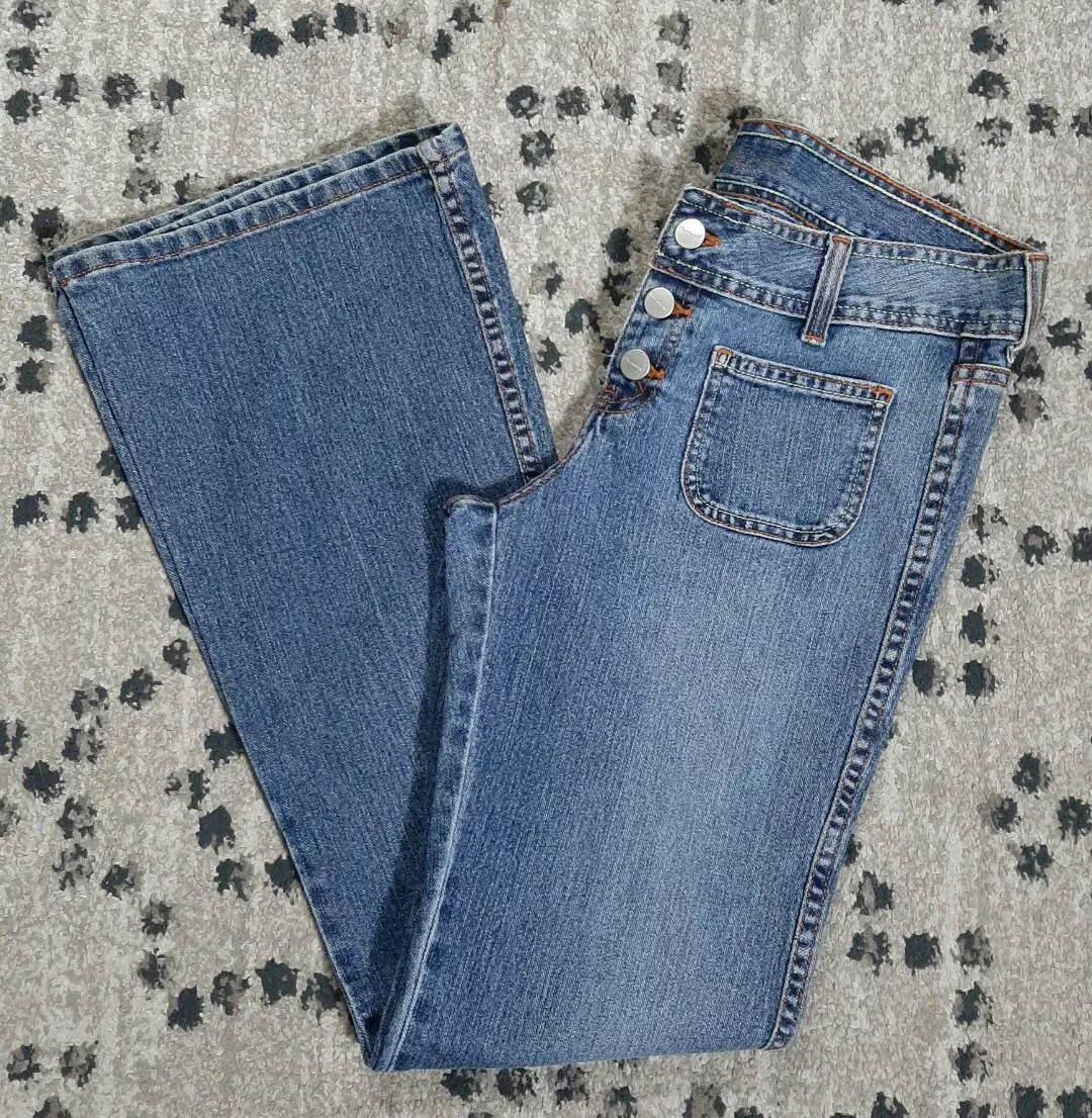 Jordache Jean Stretch Mid Rise Button Front Boot Cut Blue Jeans 80s Style 11 12
