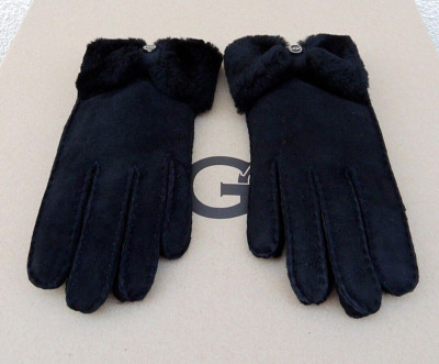 UGG BLACK SHEEPSKIN/ SUEDE BOW SHORTY WINTER GLOVES ~WOMEN SMALL ~ NWT