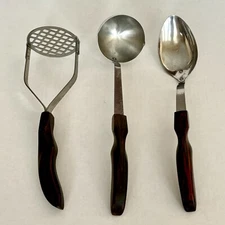 Lot of 3 Vtg Brown Swirl Handles Cutco Serving Utensils – Masher, Ladle, Basting
