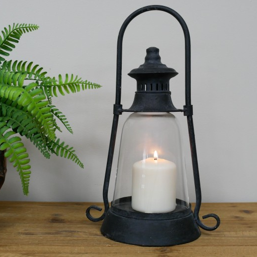 Rustic Black Metal Lantern Pillar Candle Holder with Glass 34cm Tall Vintage