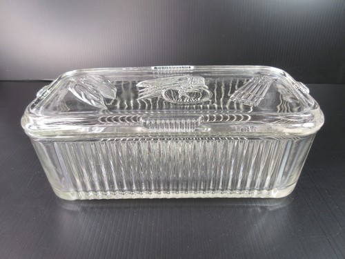 Vintage Clear Glass Refrigerator Storage Dish w/Lid (Vegetables) 8.5" x 4"
