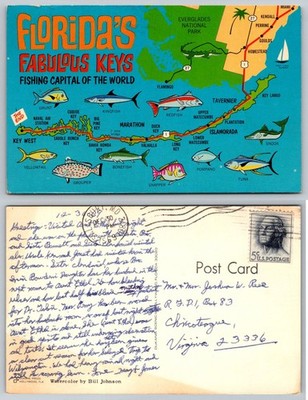 Florida Keys Fishing Capital Illustrated Map Postcard 1960 Bill Johnson Art