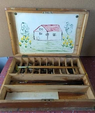 Antique Pine Wooden Artist Box Painters Travel Supply Storage Case W Contents