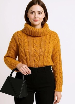 Hem & Thread Boho Yellow Sweater Turtleneck Women s Size Large