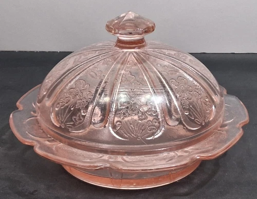Vintage Jeanette Pink Depression Glass Cherry Blossom Covered Butter Dish