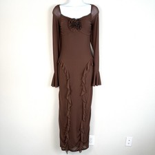 Chocolate Brown Mesh Ruffle Maxi Dress Womens Medium Party Cocktail Whimsigoth