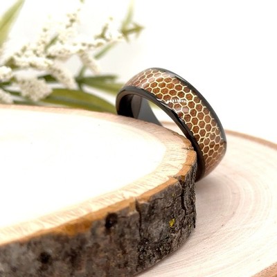 8mm Black Tungsten Engraved Ring Wood Inlay Honeycomb Design Christmas Gift Band