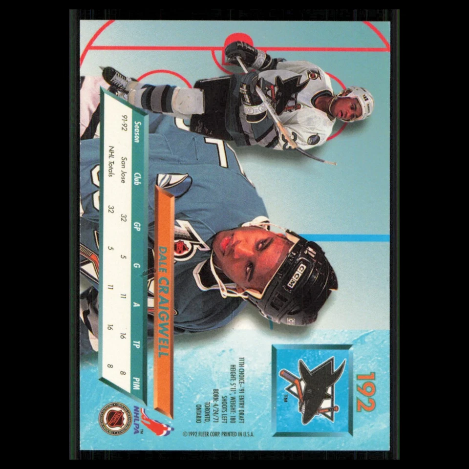 Dale Craigwell #192 1992 Fleer Ultra San Jose Sharks Hockey Card NHL NM - Image 2 of 3
