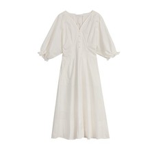 Womens V-Neck Puff Sleeve A-Line Midi Dress Summer Casual With Pockets S-2XL