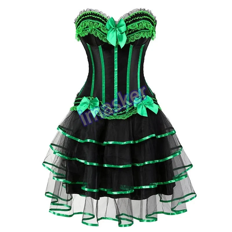 Corset Dress And Skirt Set Vintage Striped Floral Lace Dress Corset Bustier Top - Image 4 of 4