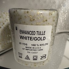 3 Inch White Mesh Ribbon with Gold Glitter Enhancements - 25 Yards Per Roll