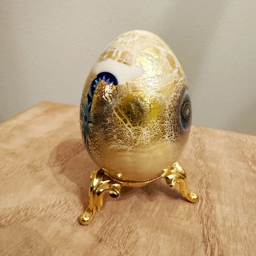 Vintage Murano Vetro Artistico Glass Easter Egg Gold Leaf Ivory Ferro Lorenzo