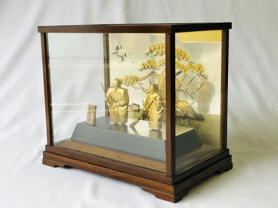 Y4753 OKIMONO Plata de Ley Takasago Pareja Estuche de Vidrio Japón Figura Antigua Foto 2 de 4