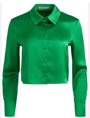 emerald green satin dress shirt Emerald Green Solid Satin Men's Long Sleeve Dress Shirt, L main image 0