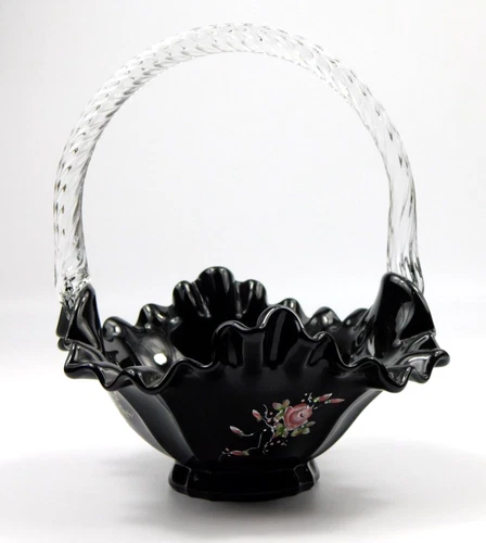 Fenton Black Hand Painted Floral Basket Stamped & Signed Clear Applied Handles