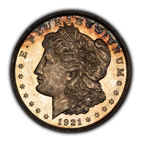 1921-D $1 Morgan Dollar - Semi Proof-Like - PQ Rainbow Rim Toning - BU - B4675