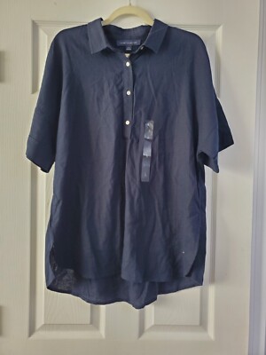 Tommy Hilfiger Women's Short Sleeve Linen Button Down Shirt Sz Large Casual  New