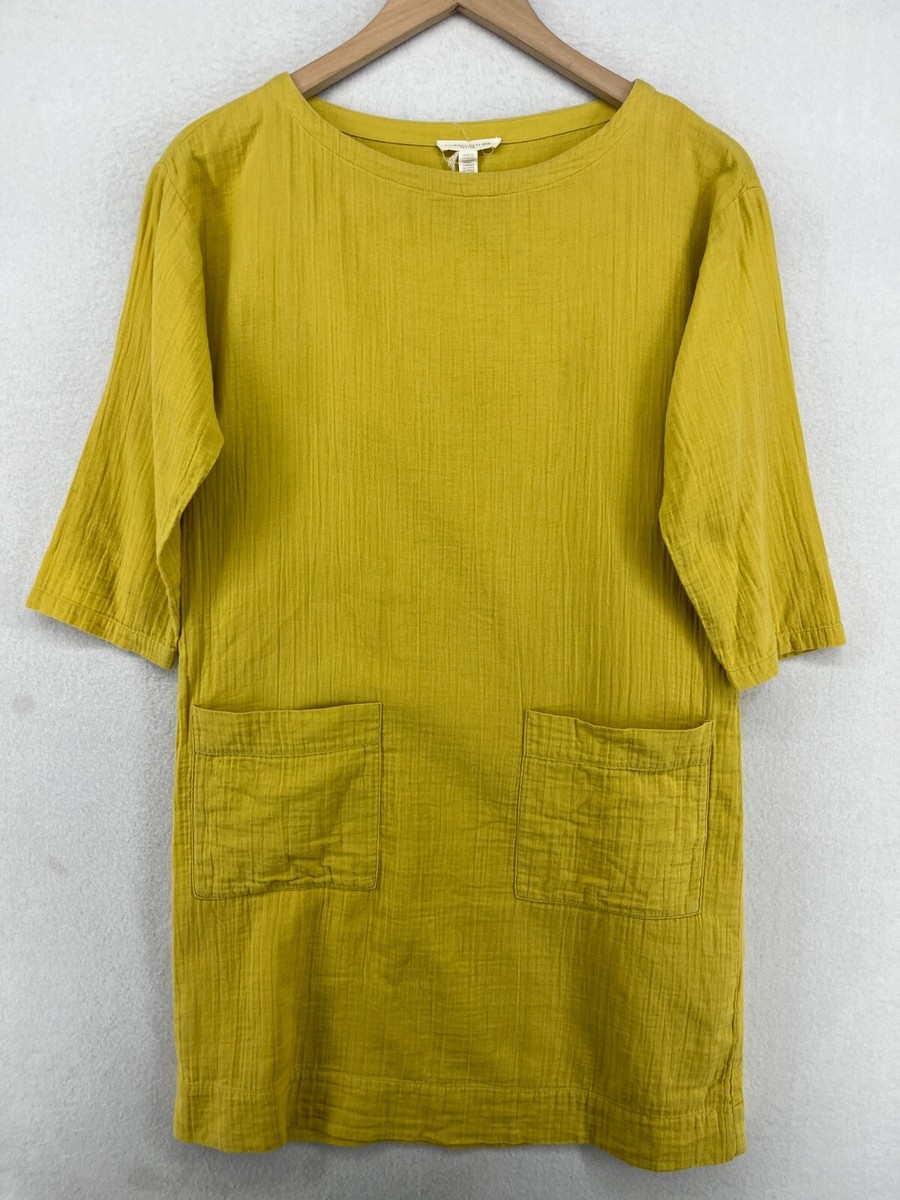 EILEEN FISHER Dress PP Petite Organic Cotton Crinkle Gauze 3/4 Sleeve Yellow