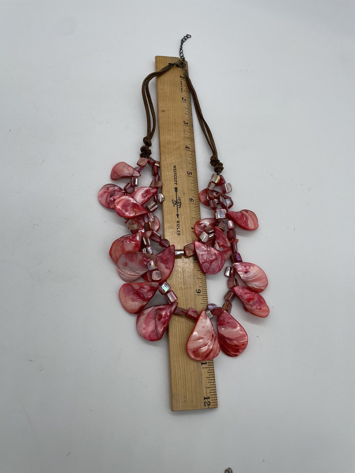 Red Pink Shell Necklace Double String Leather Cord - image 10
