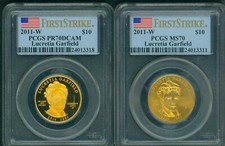 2011-W $10 GOLD SPOUSE LUCRETIA GARFIELD PCGS PR70 MS70 2-COINS FIRST STRIKE FS