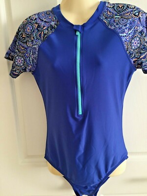 10  BLUE MULTI ONE PIECE FULLY LINED  RASHIE  HIGH NECK ZIPPER  NWT $32