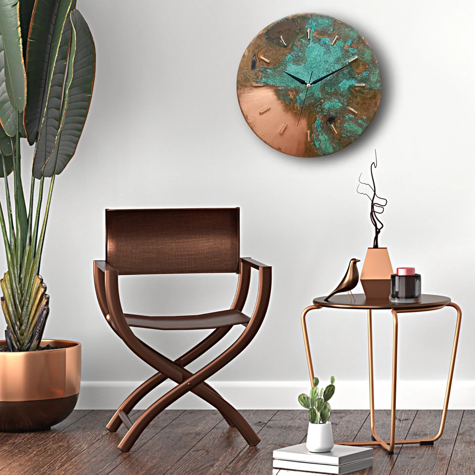 Art Deco Mid Century Modern Farmhouse Patina Metal Copper Wall Clock Wall Decor - Image 2 of 4