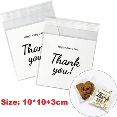 100x Thank You Letter Print Self Adhesive Bag Cellophane Cookie Bag (10*10+3cm)