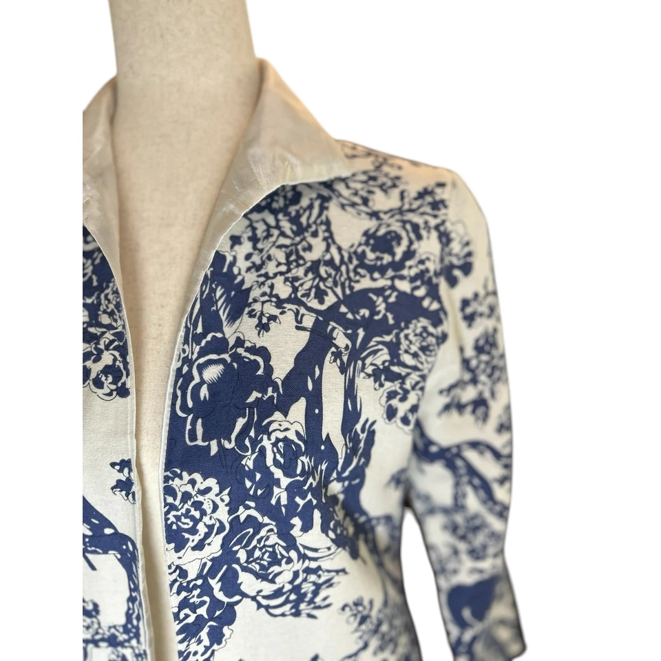Grace Chuang Art to Wear Floral Open Front Jacket Blazer Blue White XS Pockets - Image 2 of 4