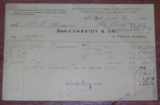 Antique 1898 Billhead Receipt - Cassidy & Co. Teas 96 Front Street New York