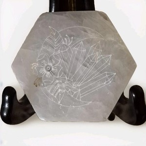 Selenite Crystal Charging Plate " Moon Flower & Crystal" Hexagon Reiki