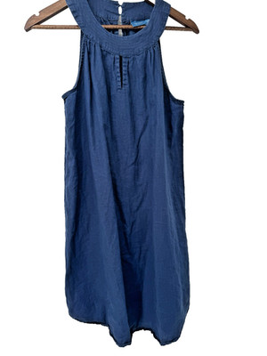 Antibes Blanc Tank linen Dress High Neck Sleeveless Navy A-line coastal beachy M