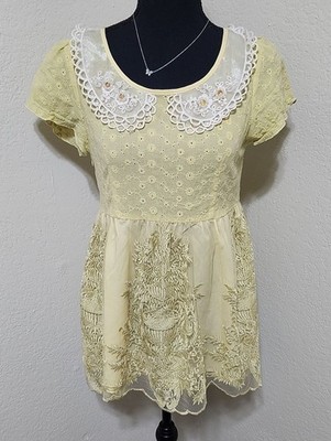 Vintage Liz Lisa/BGV Pastel Yellow Eyelet Babydoll Blouse Mini Dress Lace Sailor